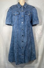 Acid-wash blue chambray denim short-sleeve retro shirt dress, XL but fits UK 12