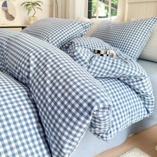 Blue Gingham Comforter Set Queen Modern Plaid Checkered Pattern Comforter 3 P...