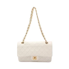 CHANEL Matelassé W Flap W Chain Shoulder Bag Lambskin White Gold #RC1748