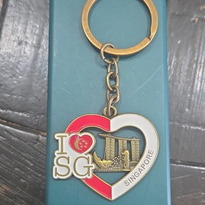 I Love SG Singapore Heart Souvenir Metal Keychain Detachable Keyring Gold
