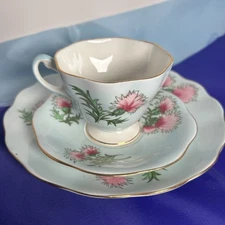 Antique Foley fine bone china Glengarry Thistle tea cup & Saucer & Sm. Plate