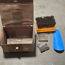 DeLong Baker Shoe Shine Kit Brush Set w/ Brown Case, Wood Brush, Blue Horn