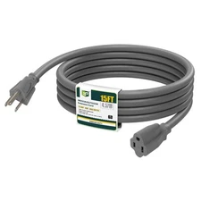 15 Ft Outdoor Extension Cord - 16/3 SJTW Gray Electrical Cable with 3 Prong G...