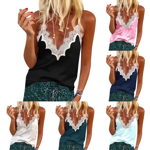 Damen Frauen Sommer Tank Tops V-AUSSCHNITT Freizeit Spitze Cami Trägershirt-Camisole-wbr/wbr - Bild 3 von 18