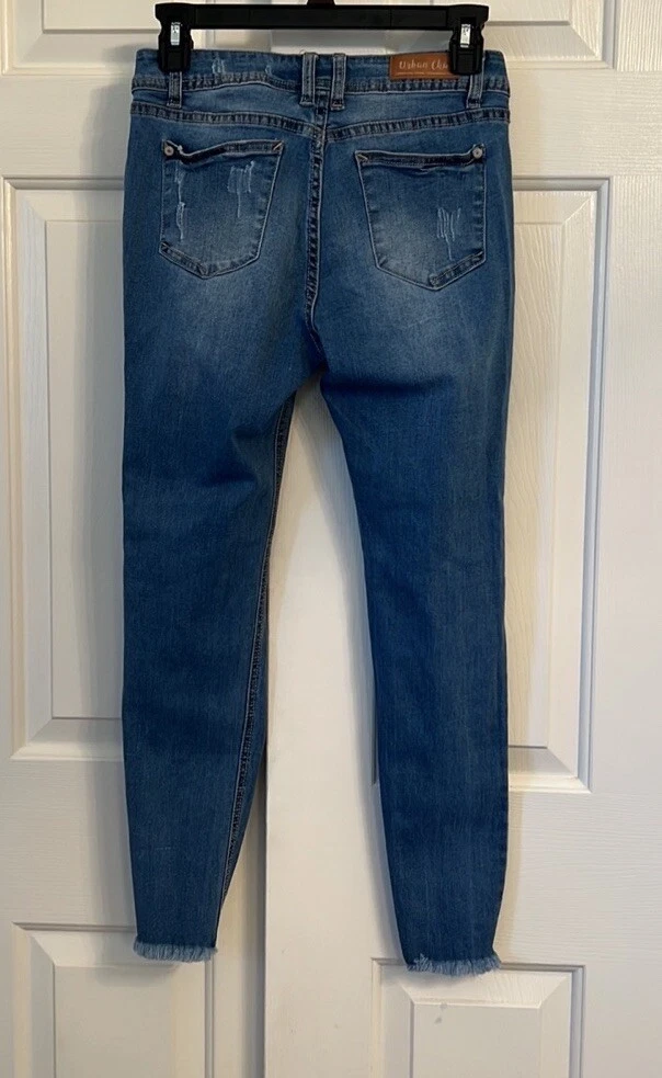 64 Urban Chic Jeans Blue Distressed Frayed Bottom Denim Pant Size