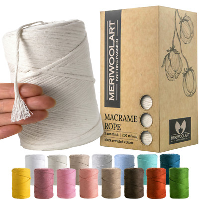 MeriWoolArt Makramee Garn 3mm 200m - Öko-Tex 100% recyceltes Baumwollgarn farbig