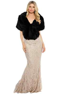 TULIP BRIDAL Faux Fur Wrap Black Evening Event