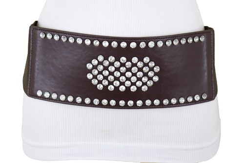 Women Dark Brown Elastic Wide Dress Up Trendy Belt Hip Waist Silver Shield M L - Picture 21 of 23