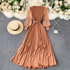 Women Pleated Long Dress Elegant Long Puff Sleeve High Waist Evening Party Dress