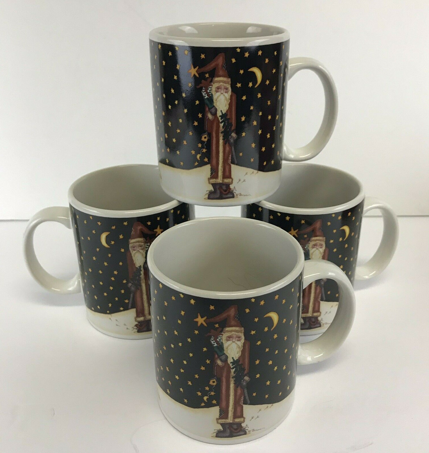 Midnight Santa Mugs Becca Barton Stars Black 12 oz Christmas Set of 4