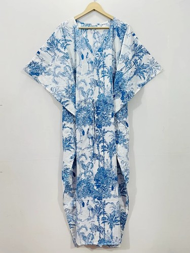 Indian Vintage 100% Cotton Long Beach Maxi Kaftan Dress One Size Caftan Kimono - Picture 2 of 9