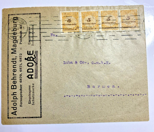 1923 Germany Inflationary Cover Magdeburg GE To Barmen GE 20Mil. Mk-Adobe Co. - Picture 2 of 4