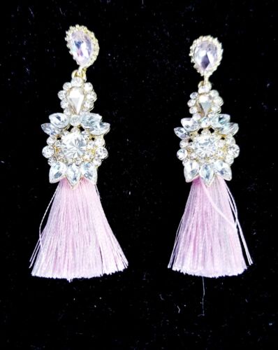 Pink Tassel Drop Chandelier Rhinestone Crystal Pageant Bridal Earrings 2.8 Inch - Picture 1 of 15