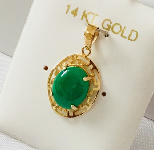 Solid 14K Yellow Gold Oval Jade Scroll Design Pendant for Necklace NEW - Picture 2 of 5