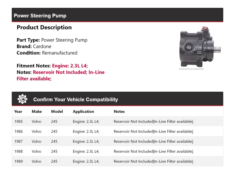 For 1985-1989 Volvo 245 2.3L L4 Power Steering Pump Cardone 1986 1987 1988 - Image 2 of 4