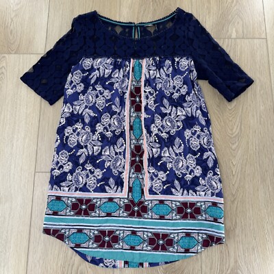 Anthropologie Sz S Embroidered Akemi Kin Top Blue Lace Printed Blouse