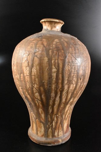 T1615: XF Japanese Old Seto-ware Yellow glaze Poetry sculpture FLOWER VASE