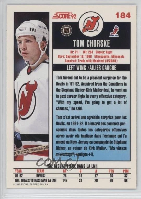 1992-93 Score Canadian Tom Chorske #184 - Image 2 of 2