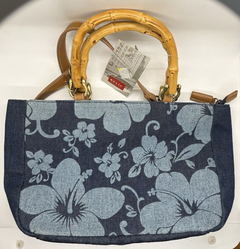 Bolso con asa de madera floral azul reliquia nuevo con etiquetas - Imagen 2 de 5