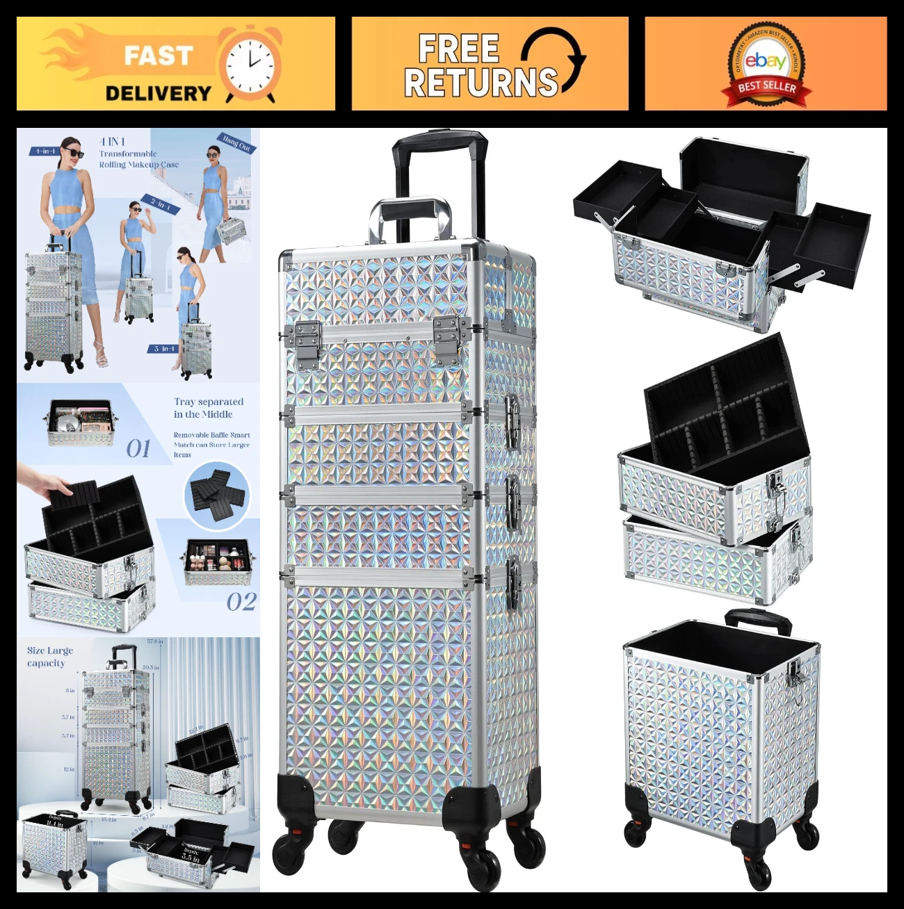Large Rolling Makeup Case on Wheels - 4-in-1 Cosmetic Organizer & Travel Cart, S
Opens in a new wind