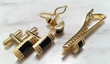 Natural Onyx Cufflinks Tie Tack Pin 3 Piece Set Men'S Suit No Box Pre-Owned K