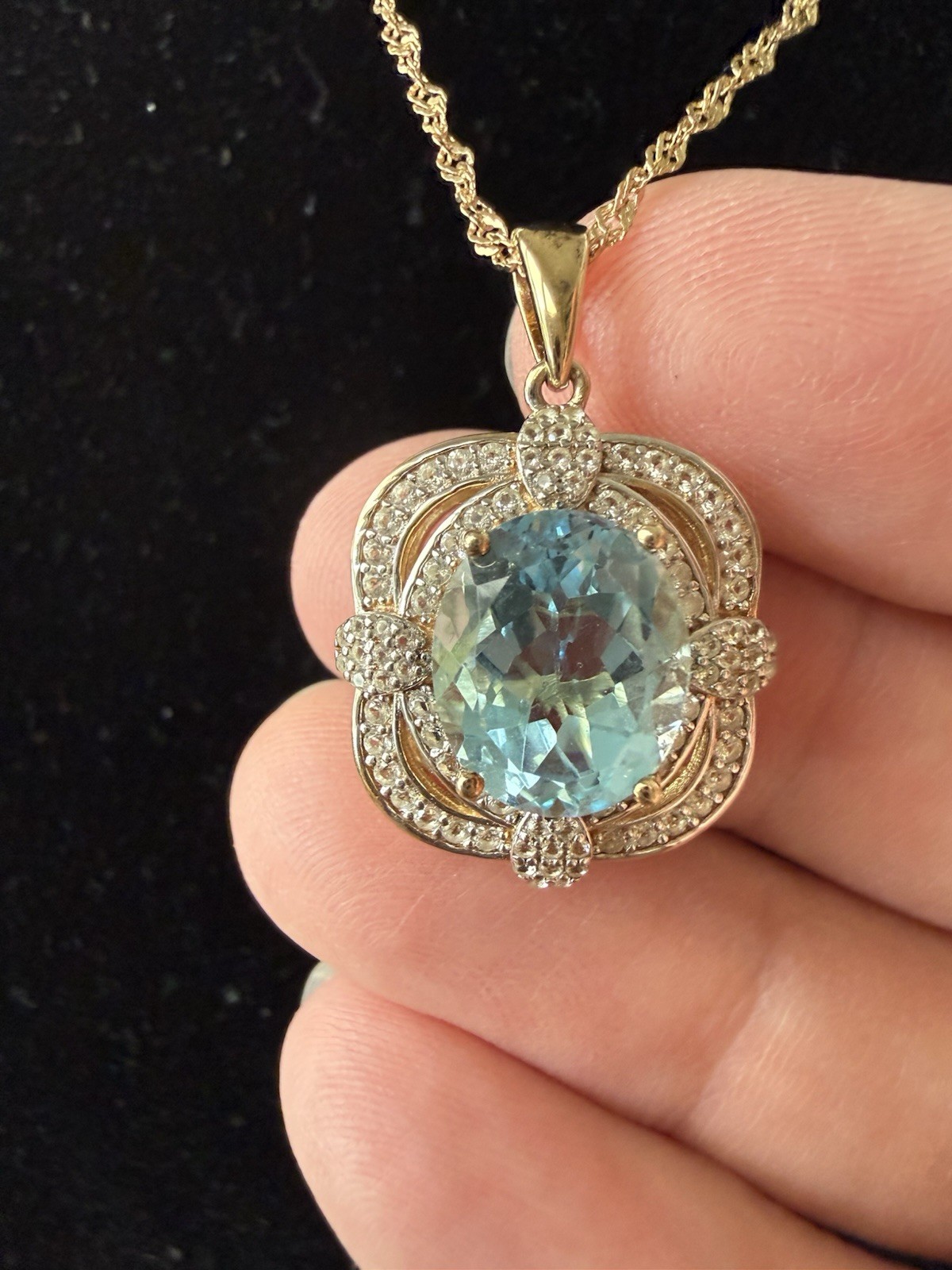 Large Blue Topaz Pendant Necklace Gold Vermeil 925 Sterling Silver CZ BBJ 18-20”
