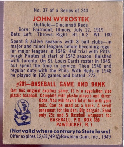 1949 Bowman #37 JOHNNY WYROSTEK Cincinnati Reds VG - Picture 2 of 2