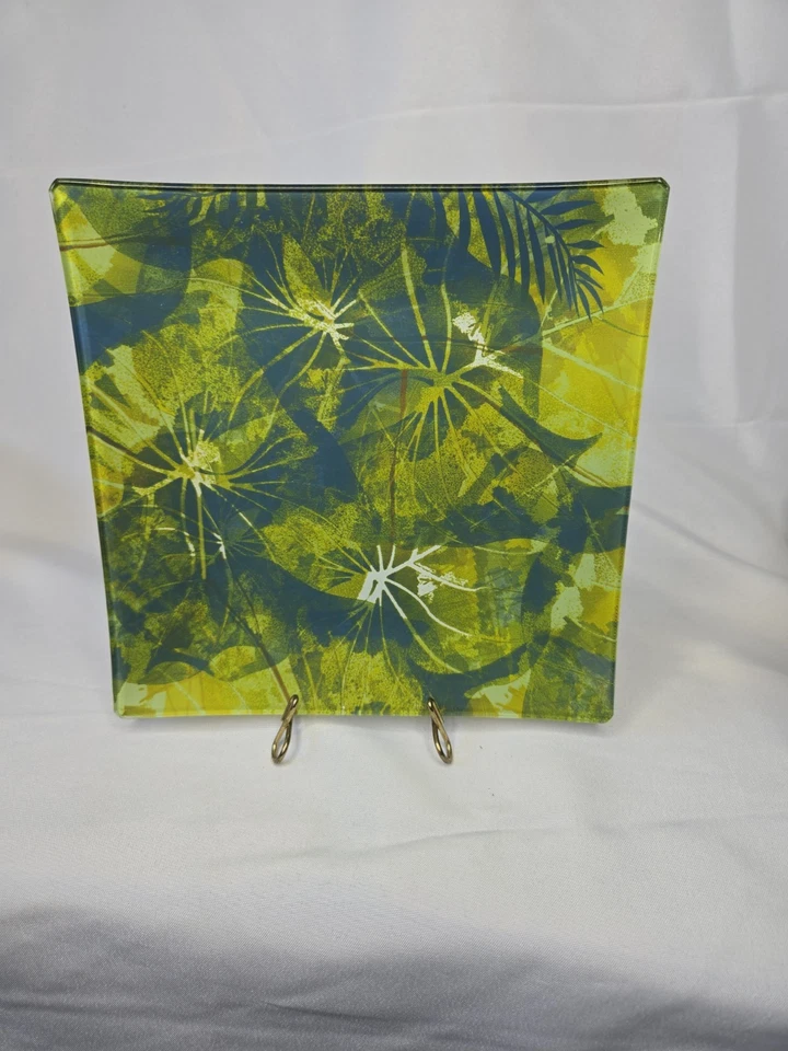 4 Vintage MCM Fused Glass 8" Square Plates Green Blue White Brown Leaves Stems - Image 2 of 3