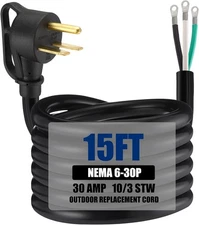 Kanayu 15 FT 10AWG 3 Prong NEMA 6-30P 30 Amp 250V Power Cord Welder Dryer Garage