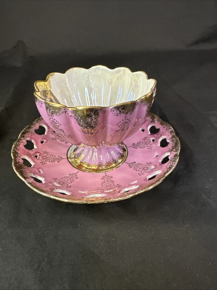 Taza de té y platillo Lefton China Love Angels porcelana esmalte perla TV20583 1950’s Foto 4 de 4