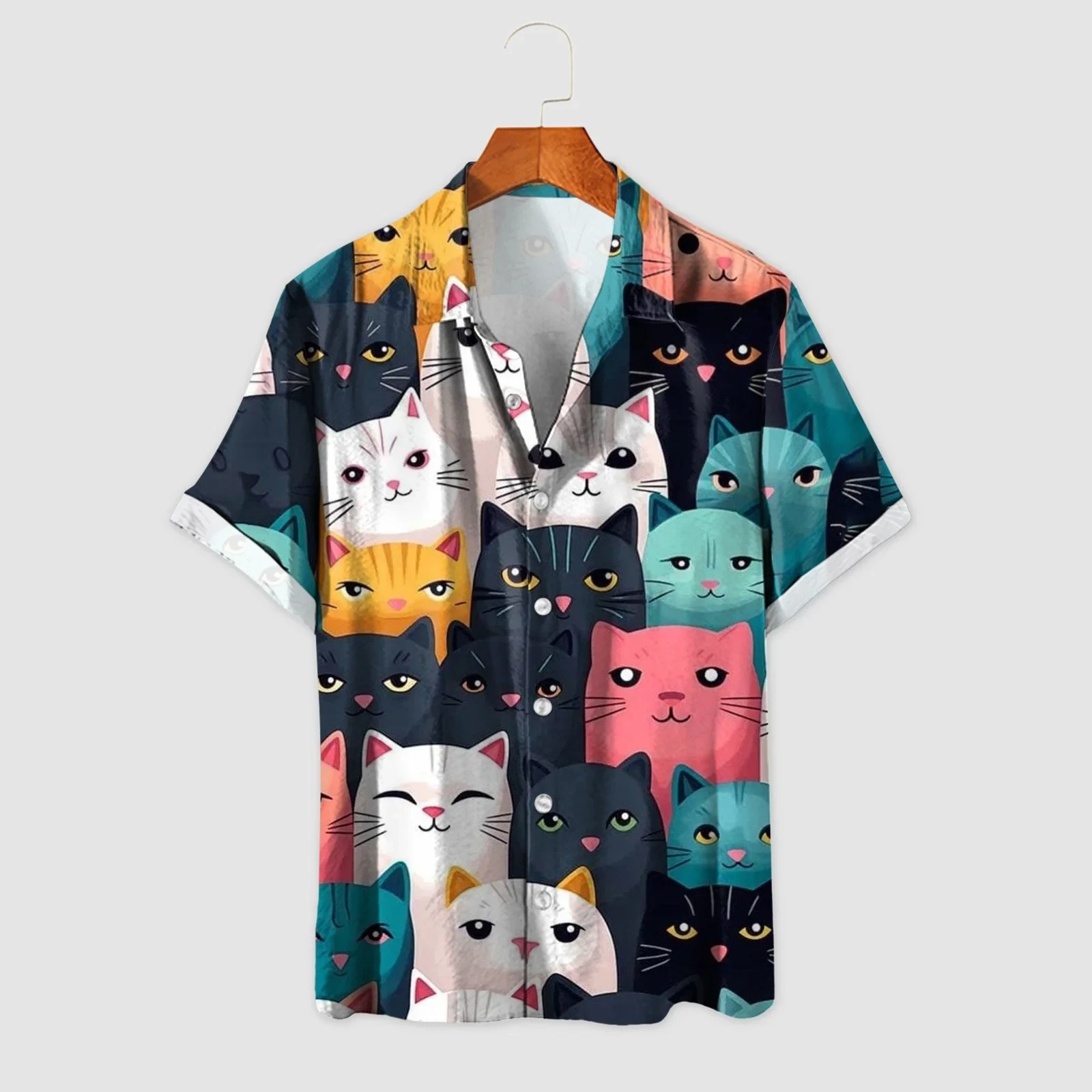 Fshinging Men'S Hawaiian Casual Shirts Cute Cartoon Cat Print Color Block Short