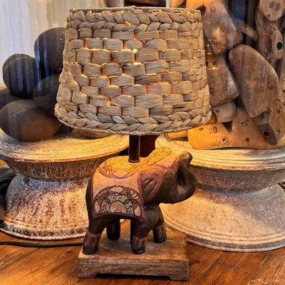 Hand Carved Wooden Elephant Table Lamp Woven Natural Shade 