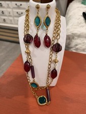 Gold Tone Glass Bead Necklace  Earrings Set with Red  Teal Stones
