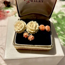 Vintage Hand Carved Coral Rose Flower Pierced Earring Studs 3 Sets