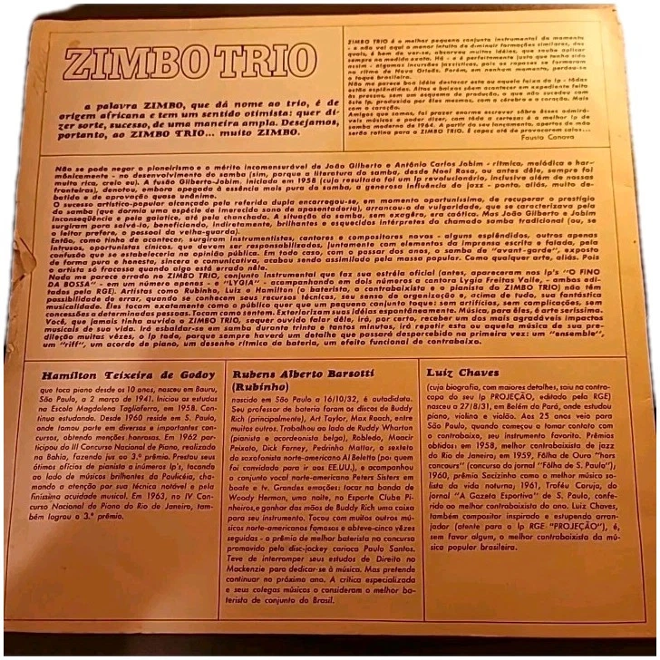 Zimbo Trio Zimbo Trio LP 1964 Brazil Import 1st Press Bossa Nova Samba Rare - Image 2 of 3