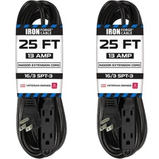 2 Pack of 25 Ft Extension Cords with 3 Electrical Power Outlets - 16/3 Durable