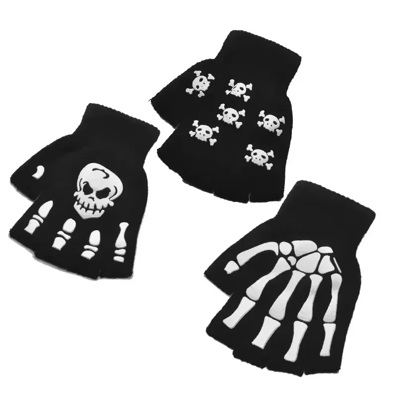 Punk Halloween Handschuhe Skelett Halb Finger Leuchtend Stretch - Bild 3 von 4