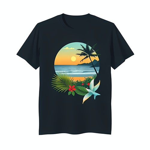 Stylish Black T-Shirt with Vibrant Tropical Beach Scene Graphic - Picture 8 of 12