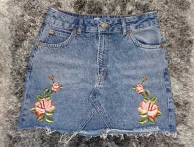 Topshop MOTO Floral Embroidery Denim Distressed Skirt UK 10