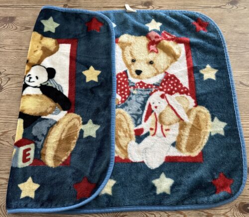 Vintage Blue Jean Teddybär Junge Mädchen Plüsch Fleece Baby Krippe Decke Liebe Sterne - Bild 3 von 6
