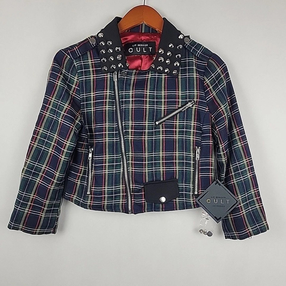 Jaqueta Lip Service Cult Feminina Média Xadrez Tartan cravejada punk gótica anos 90 Y2K - Imagem 3 de 4