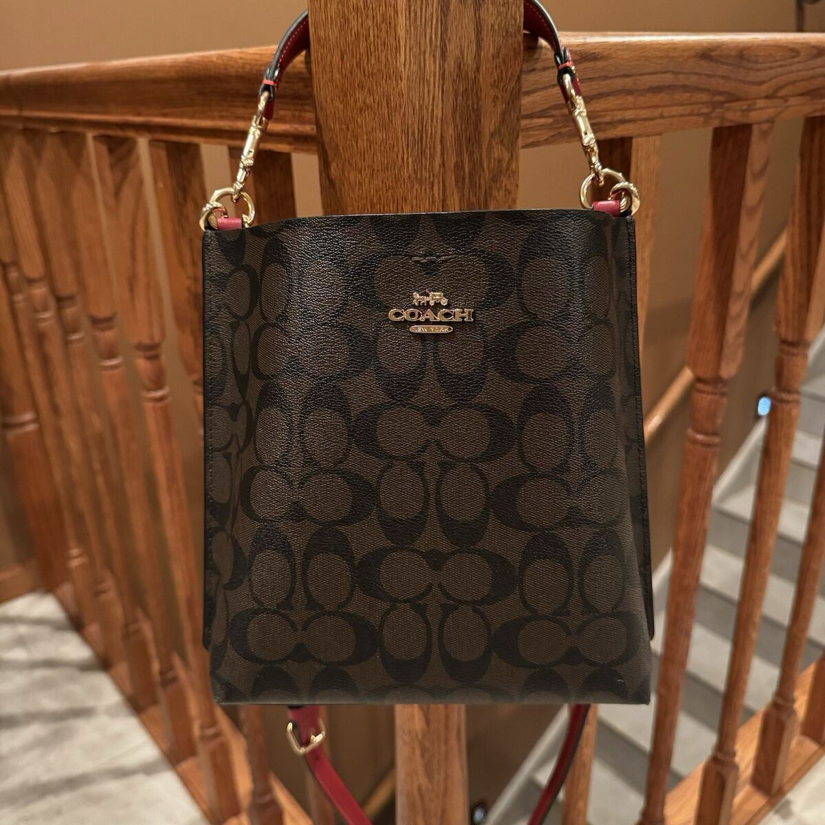 COACH CA582 2Way Shoulder Bag Leather Brown/Red Total COACH CA582 2Way Shoulder Bag Leather Brown/Red Total