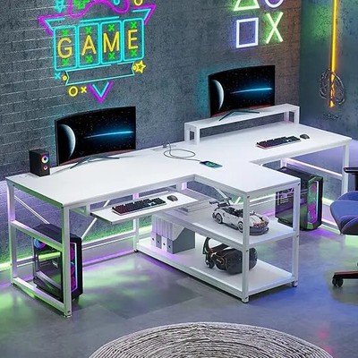 Home Office Desk, Gaming Desk with Storage, LED Lights & Power Outlet