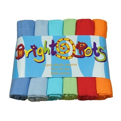 Bright Bots 6PK Baby Muslin Squares 70cms 100% Pure Soft Cotton Boy Mix