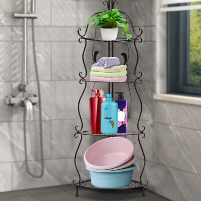 4-Tier Metal Corner Shelf Stand Storage Shelves Display Organizer Black Rack New