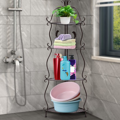 4-Tier Foldable Iron Shelf Floor Toilet Bedroom Kitchen Storage Corner Shelf New