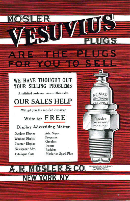 1918 Original Mosler Vesuvius Spark Plug Ad. We Help U Sell. Large Illustration