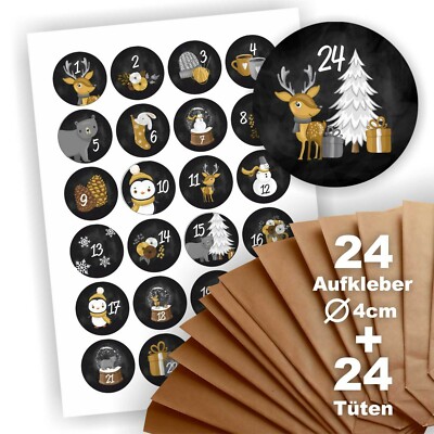 Adventskalender zum Befüllen 24 Geschenktüten + 24 Aufkleber Papiertüte Tiere b