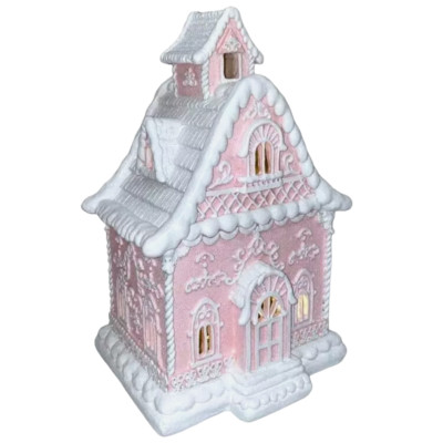 Christmas PINK White 14'' Victorian LED Village Icing GINGERBREAD HOUSE Decor