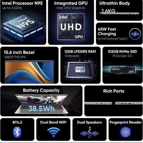 15.6" Windows 11 Pro Laptop 12GB RAM 512GB NVMe SSD Light and Thin Notebook - Picture 2 of 9